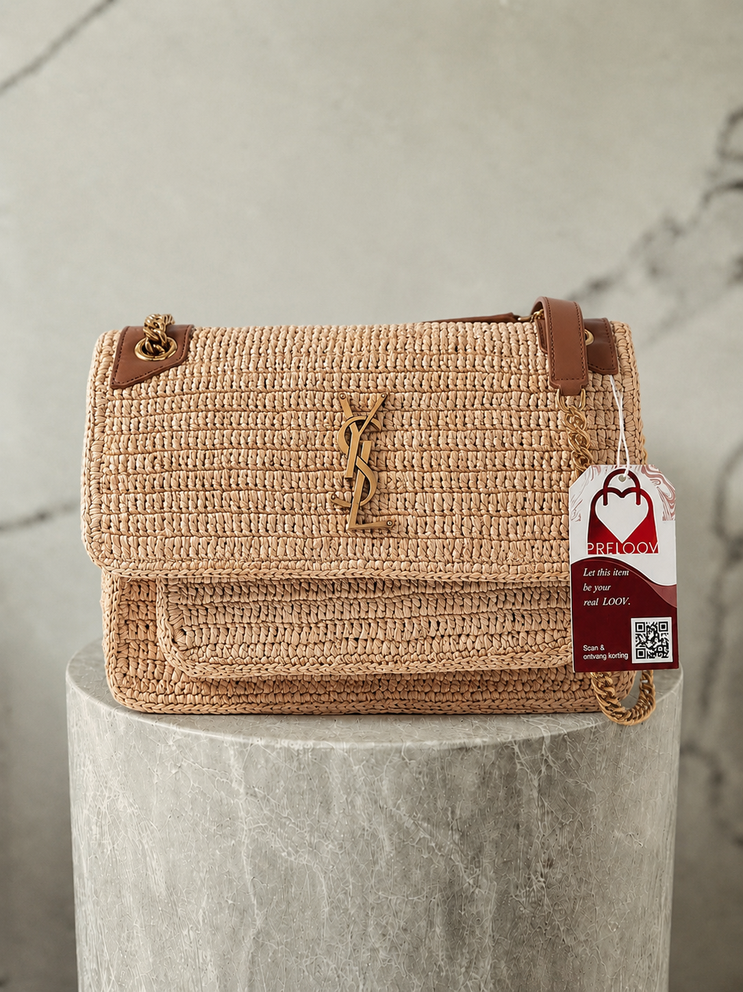 Saint Laurent Niki Medium leather-trimmed raffia shoulder bag