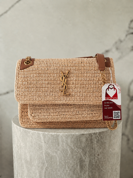 Saint Laurent Niki Medium leather-trimmed raffia shoulder bag