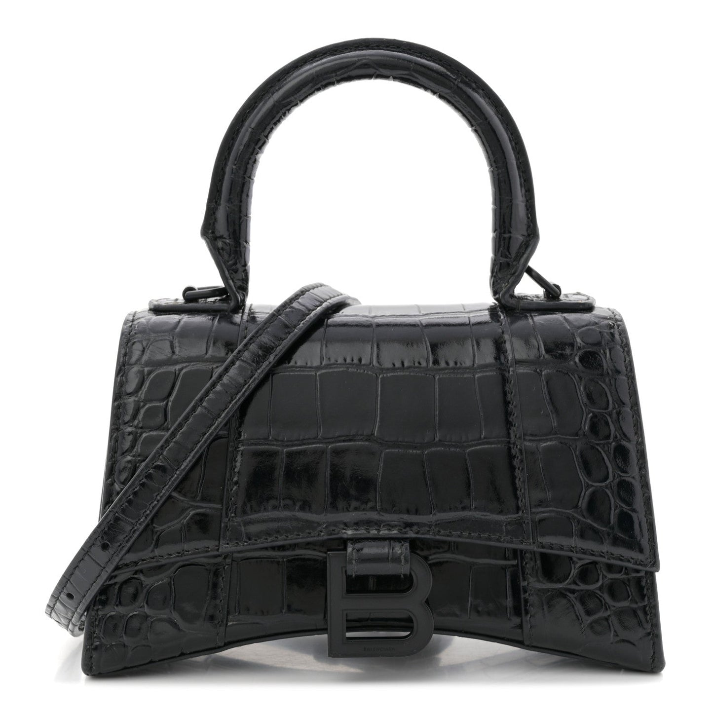 Balenciaga Hourglass Top Handle Bag XS Black Monochrome Croc Embossed