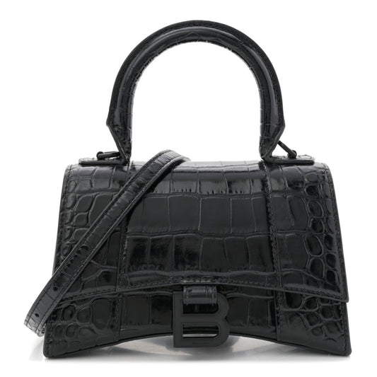 Balenciaga Hourglass Top Handle Bag XS Black Monochrome Croc Embossed