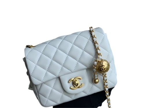 Chanel Mini Rectangular Flap Bag White Lambskin Gold CC & Pearl Ball Chain