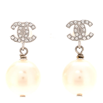 Chanel Crystal Pearl CC Drop Earrings Silver image 2