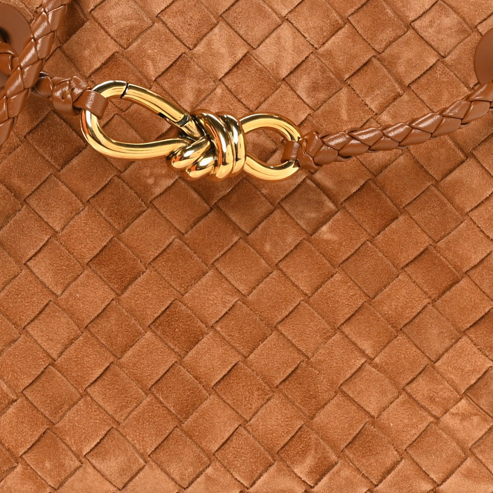 Bottega Veneta Small Andiamo Shoulder Bag Amber Brown Suede Intrecciato Gold Hardware – PRELOOV