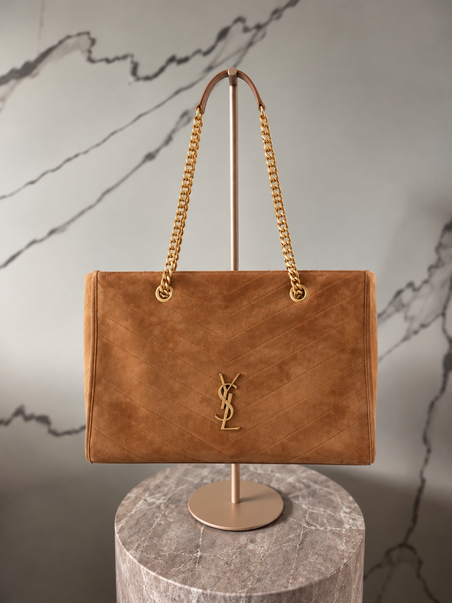 Saint Laurent Niki Shopper Quilted Suede Shoulder Bag Cognac Brown