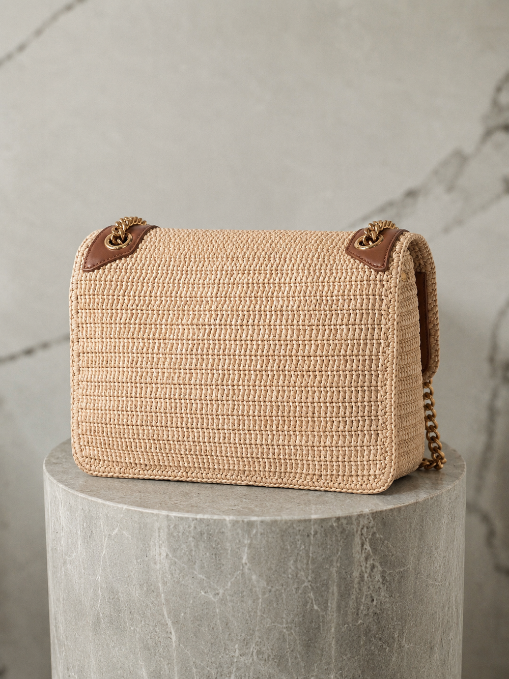 Saint Laurent Niki Medium leather-trimmed raffia shoulder bag