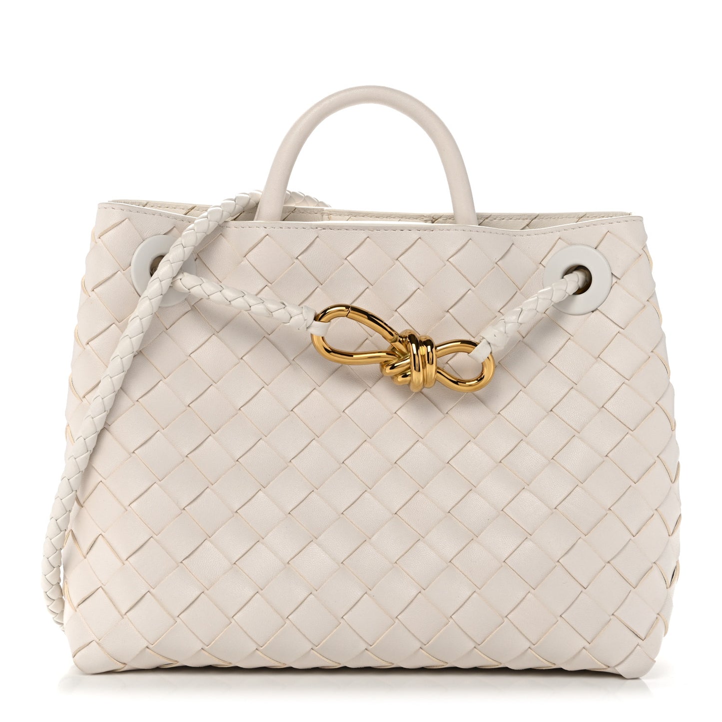 Bottega Veneta Small Andiamo Shoulder Bag White Nappa Intrecciato Gold Knot – PRELOOV
