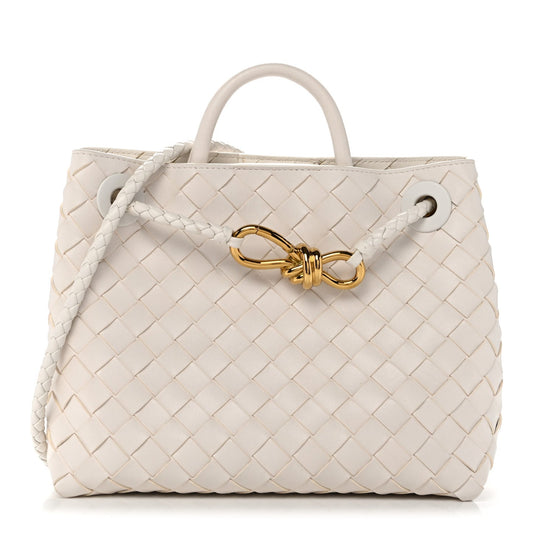 Bottega Veneta Small Andiamo Shoulder Bag White Nappa Intrecciato Gold Knot – PRELOOV