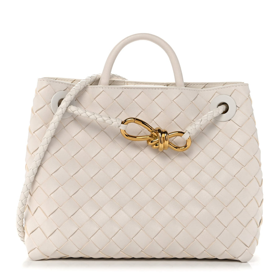 Bottega Veneta Small Andiamo Shoulder Bag White Nappa Intrecciato Gold Knot – PRELOOV