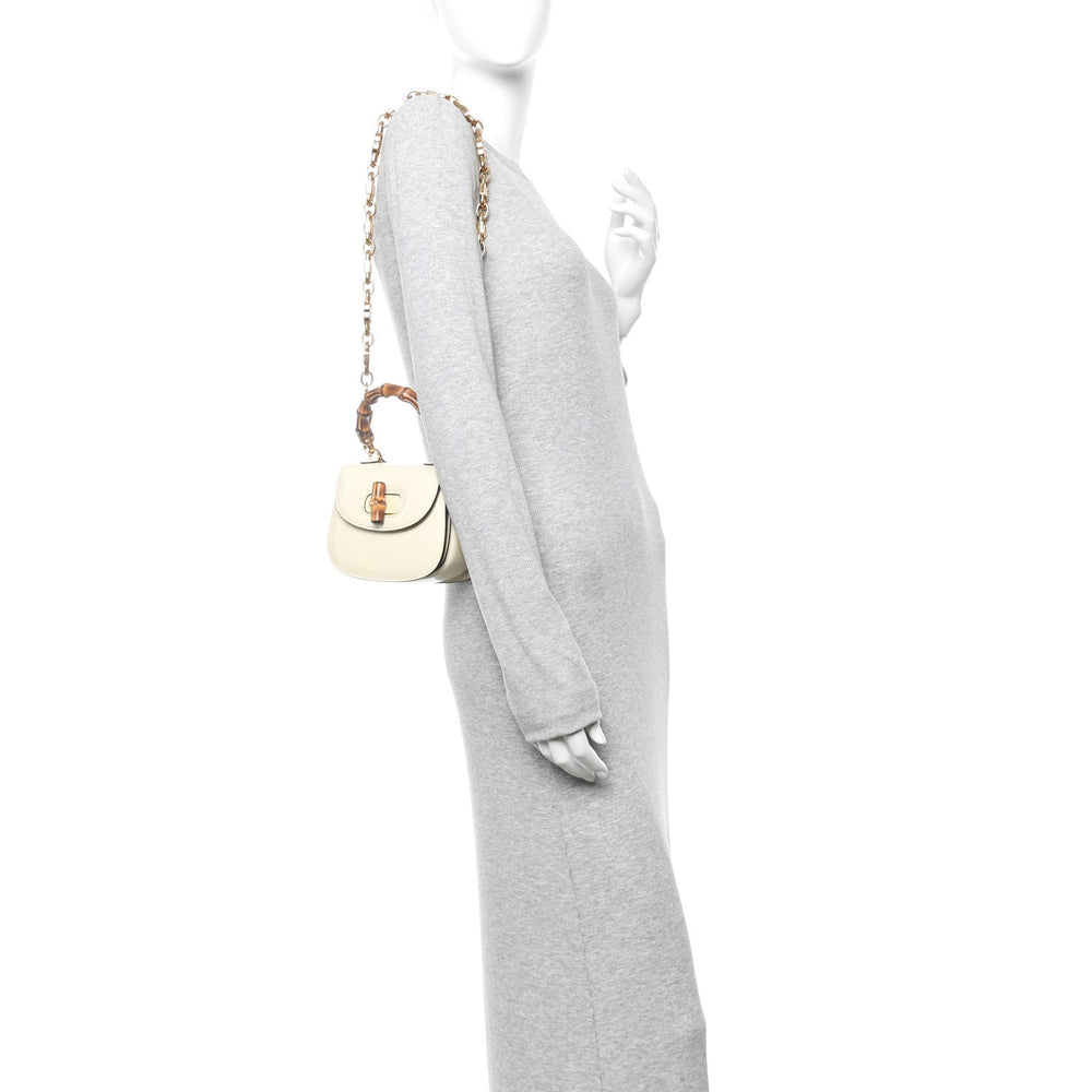 Gucci Bamboo 1947 Mini Top Handle Chain Bag White Patent Crystal image 2