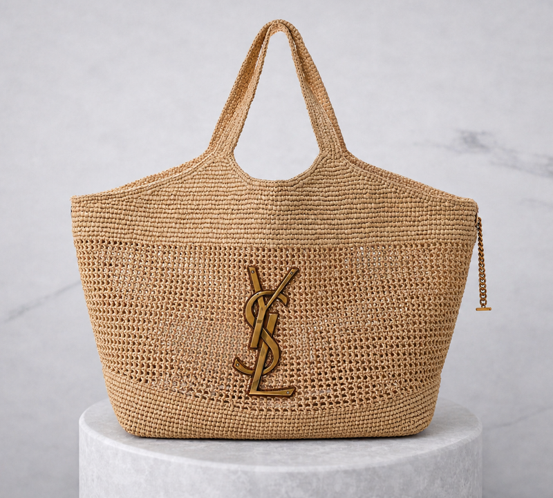 Saint Laurent Icare Raffia Tote Maxi Leather Trim – PRELOOV