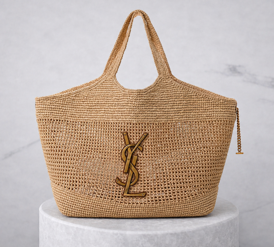 Saint Laurent Icare Raffia Tote Maxi Leather Trim – PRELOOV