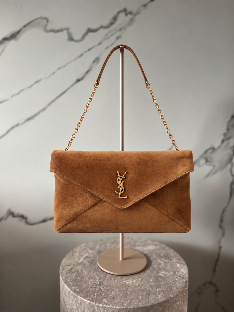 SAINT LAURENT Cassandre Suede Shoulder Bag Caramel Cognac