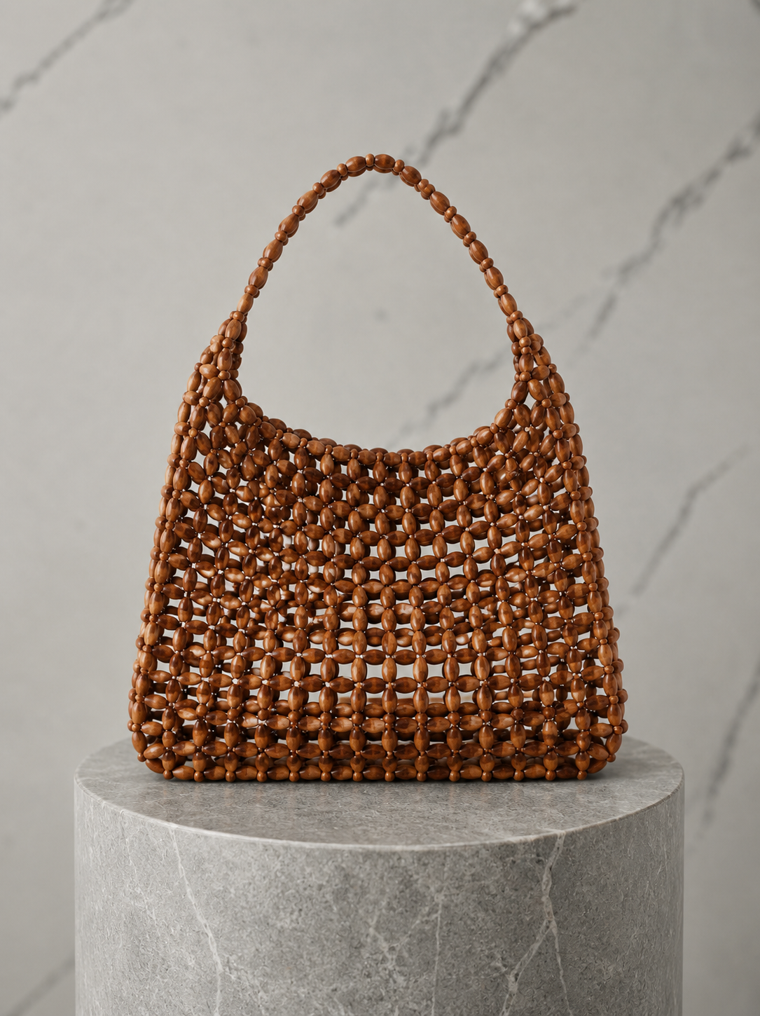 Saint Laurent Le 5 À 7 Large Beaded Wood Shoulder Bag Bruin Leer/Hout 35x31x10 cm Goudkleurige Cassandre