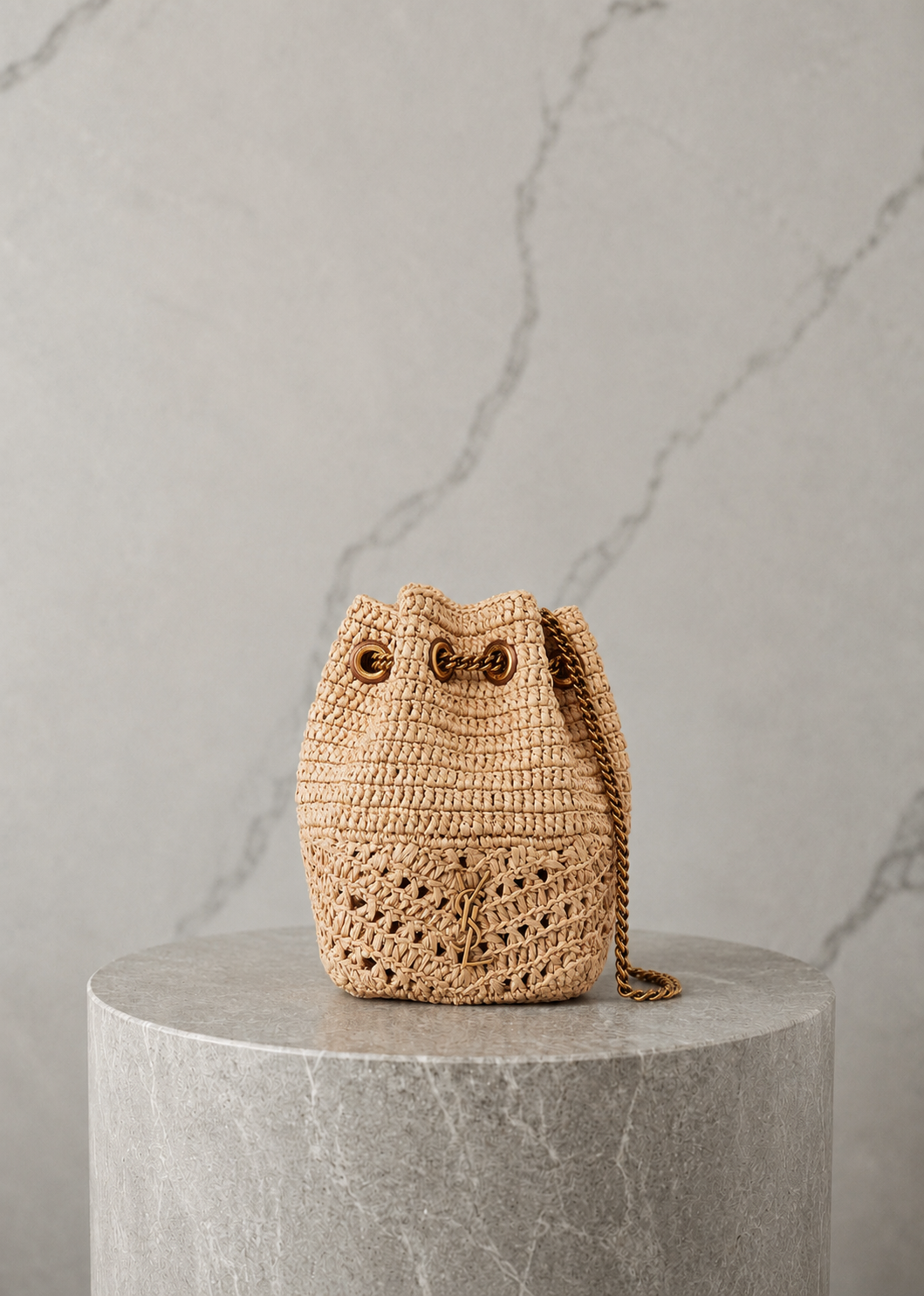 Saint Laurent YSL Mini Joe Raffia Bucket Bag Beige