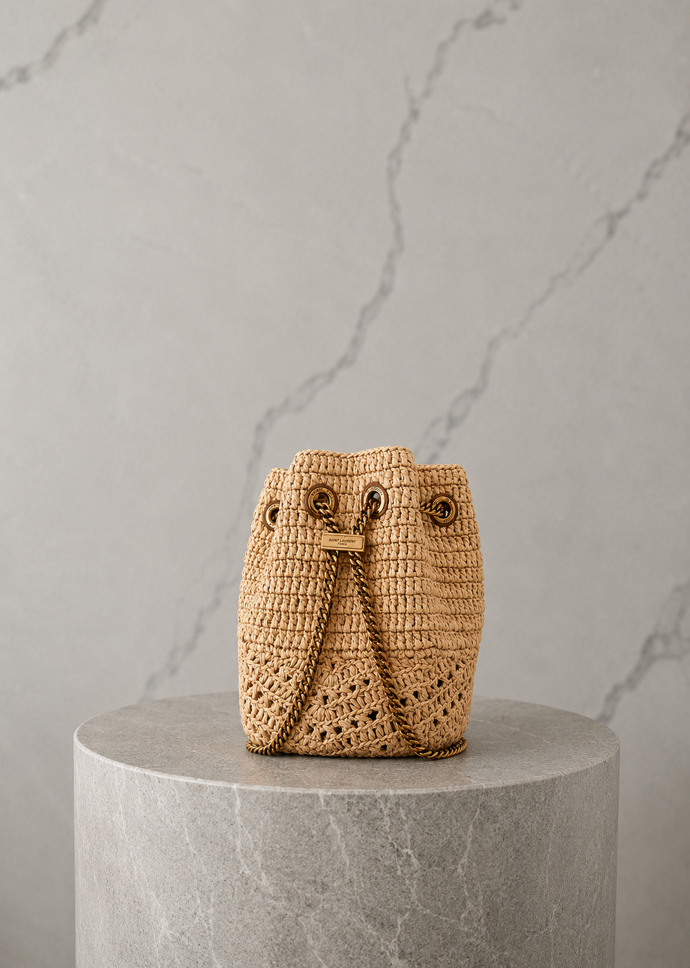 Saint Laurent YSL Mini Joe Raffia Bucket Bag Beige