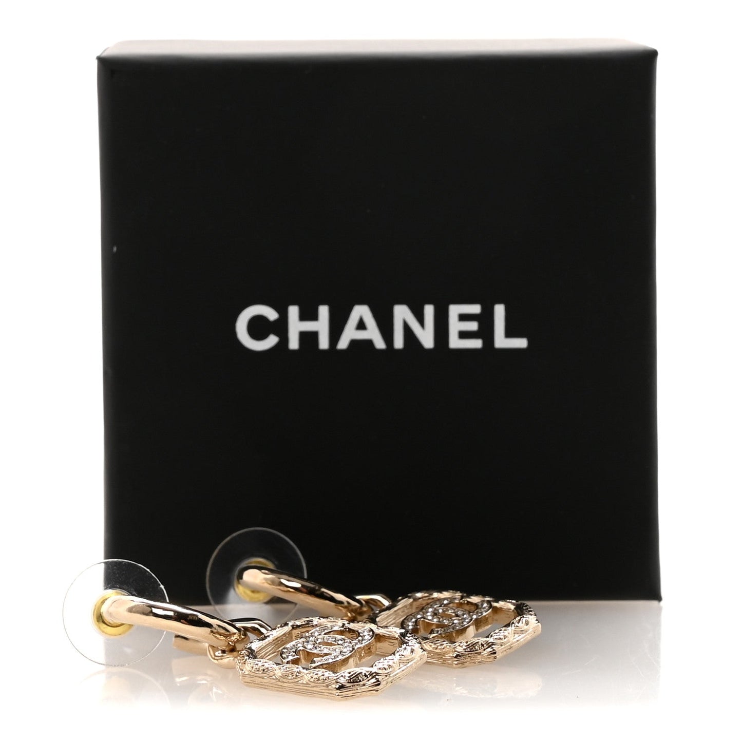 Chanel Crystal Square CC Hoop Drop Earrings Gold image 2
