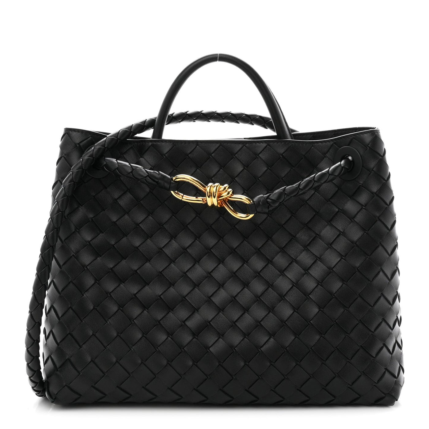 Bottega Veneta Medium Andiamo Shoulder Bag Black Nappa Intrecciato Gold Knot – PRELOOV
