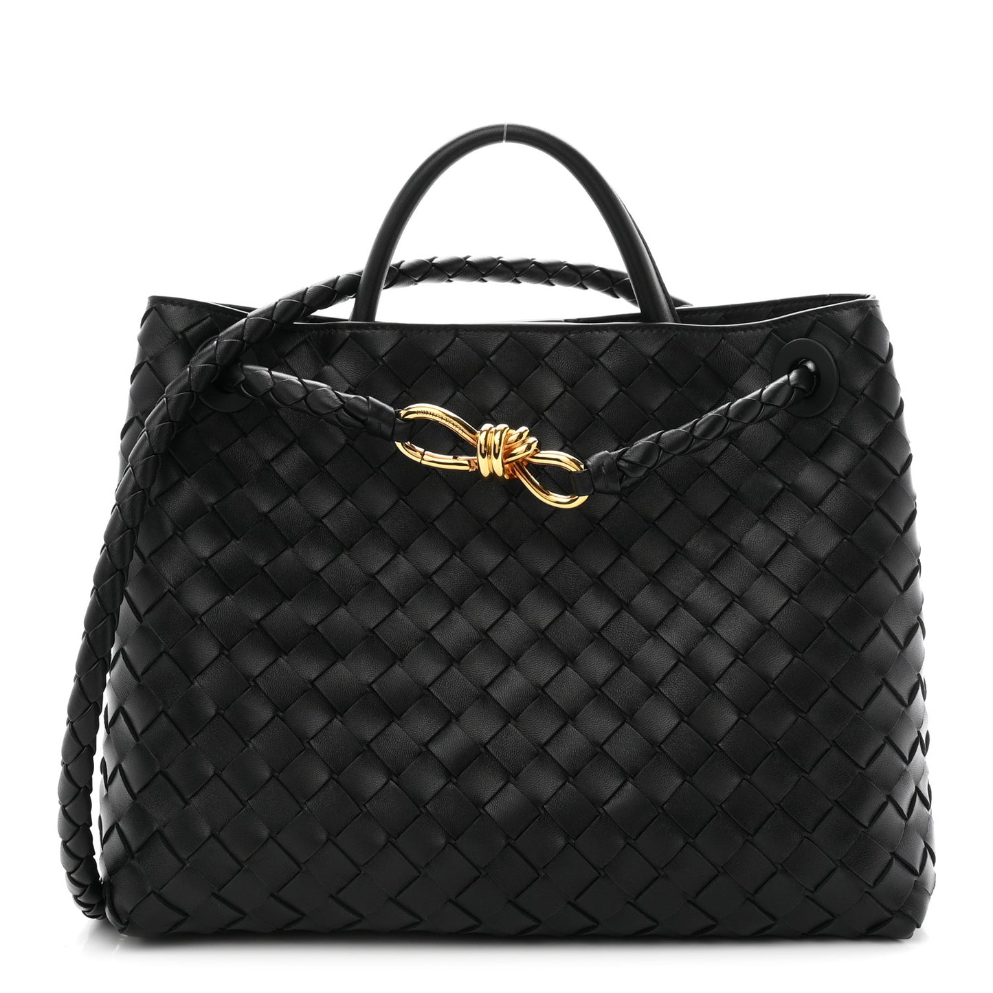 Bottega Veneta Medium Andiamo Shoulder Bag Black Nappa Intrecciato Gold Knot – PRELOOV