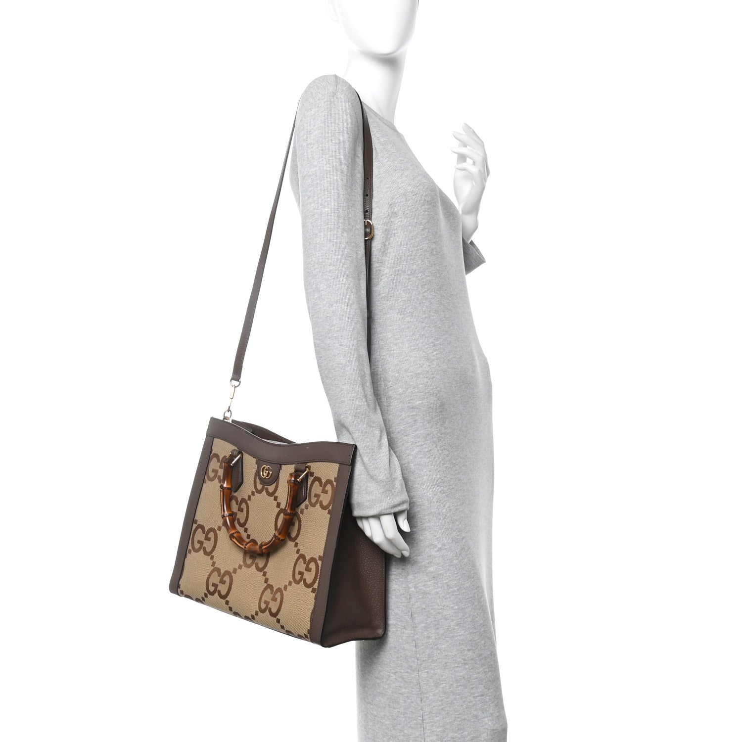 Gucci Medium Diana Tote Bag Camel Ebony Jumbo GG Canvas Calfskin image 2