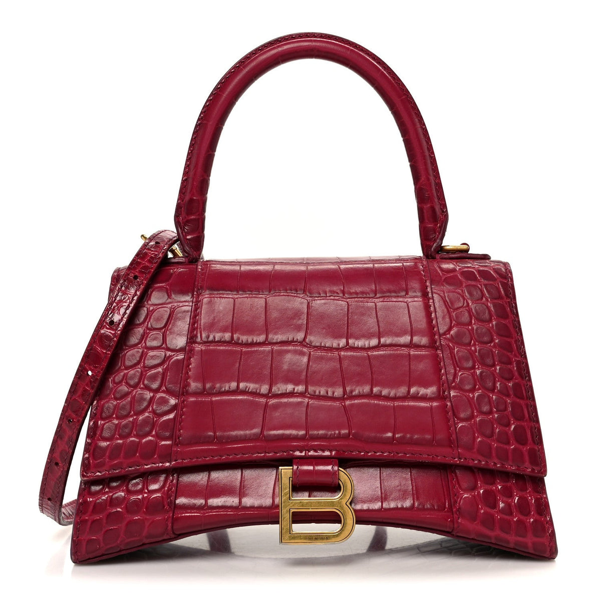 Balenciaga Hourglass Top Handle Bag Small Raspberry Croc Embossed