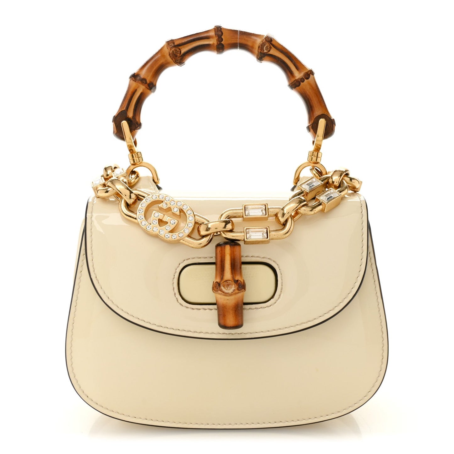 Gucci Bamboo 1947 Mini Top Handle Chain Bag White Patent Crystal image 1