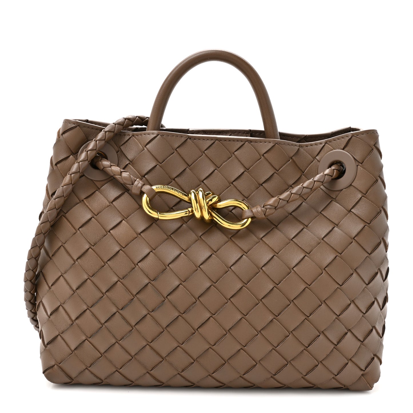 Bottega Veneta Small Andiamo Shoulder Bag Pinecone Brown Nappa Intrecciato Gold Knot – PRELOOV