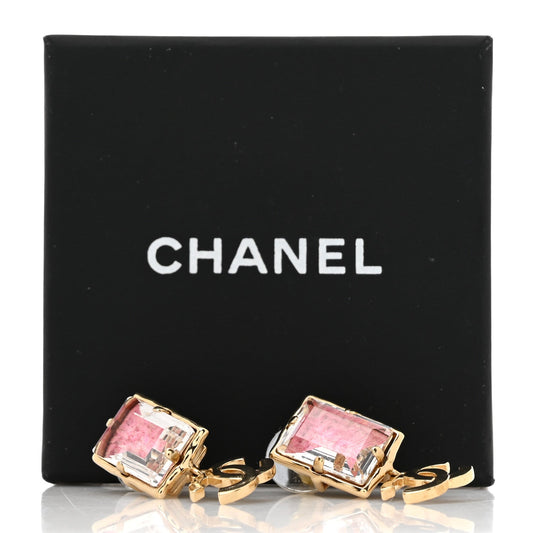 Chanel Crystal Tweed CC Drop Earrings Pink Gold image 1