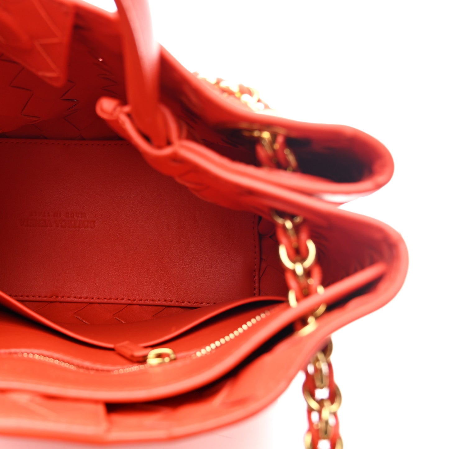 Bottega Veneta Small Andiamo With Chain Shoulder Bag Orange Nappa Intrecciato Gold Chain – PRELOOV
