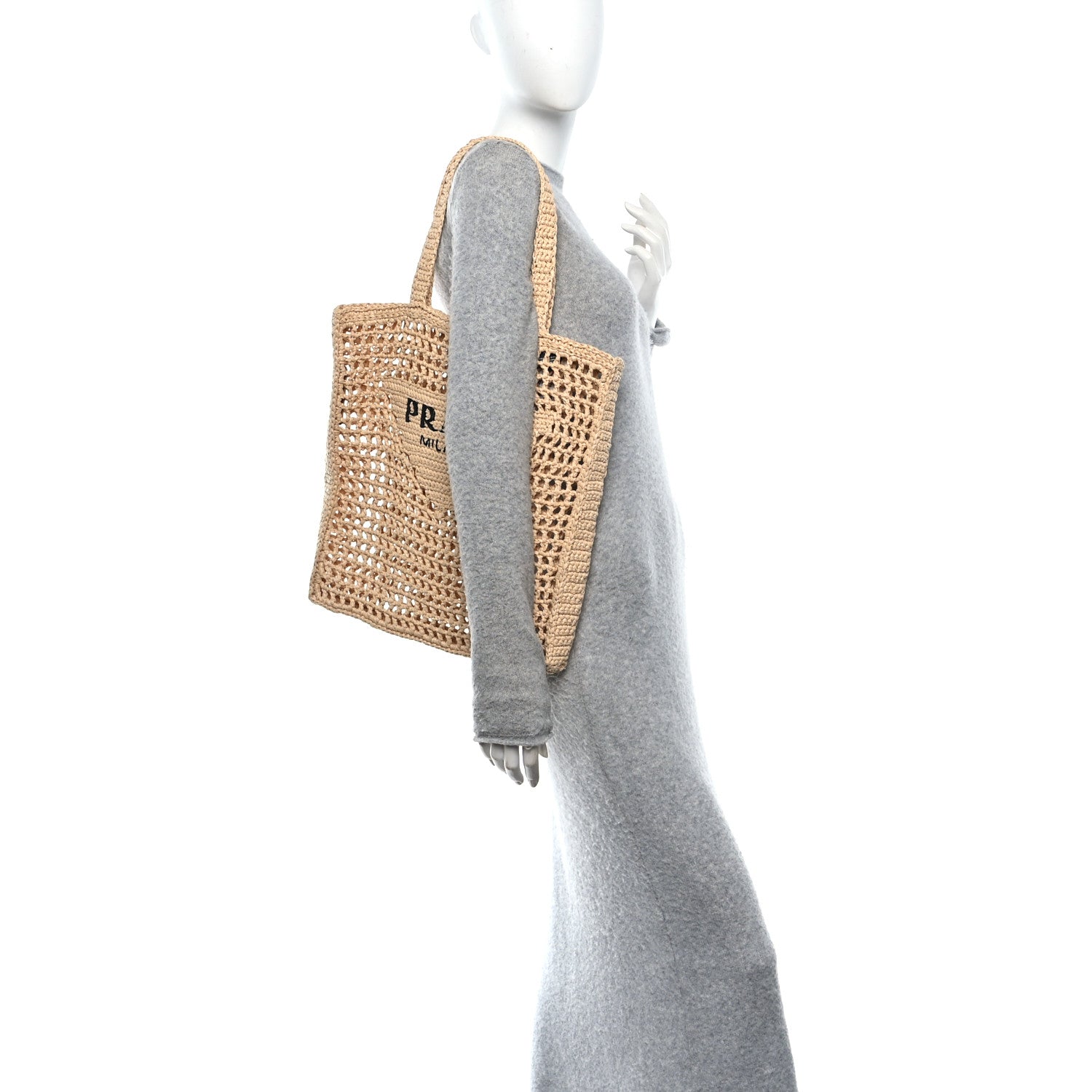 Prada Raffia Effect Crochet Logo Tote Bag Naturale image 2