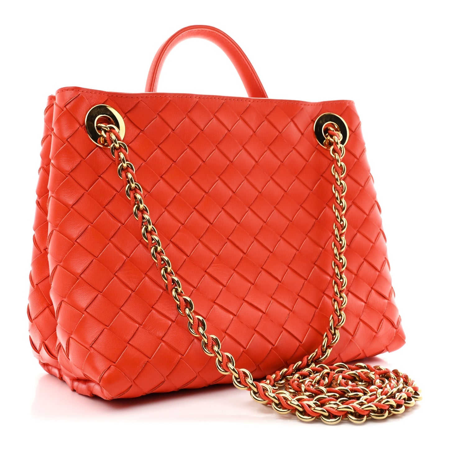 Bottega Veneta Small Andiamo With Chain Shoulder Bag Orange Nappa Intrecciato Gold Chain – PRELOOV