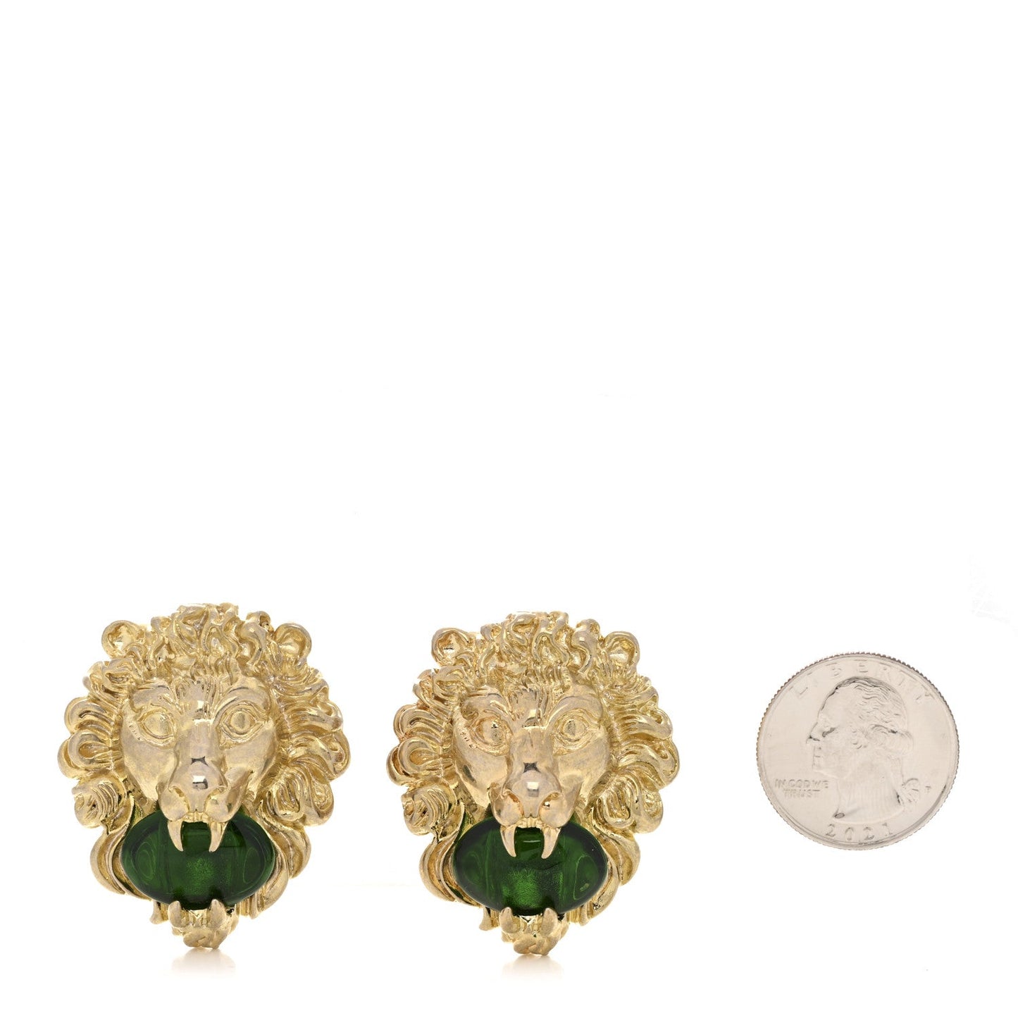 Gucci Lion Head Clip On Earrings Aged Gold Green image 2